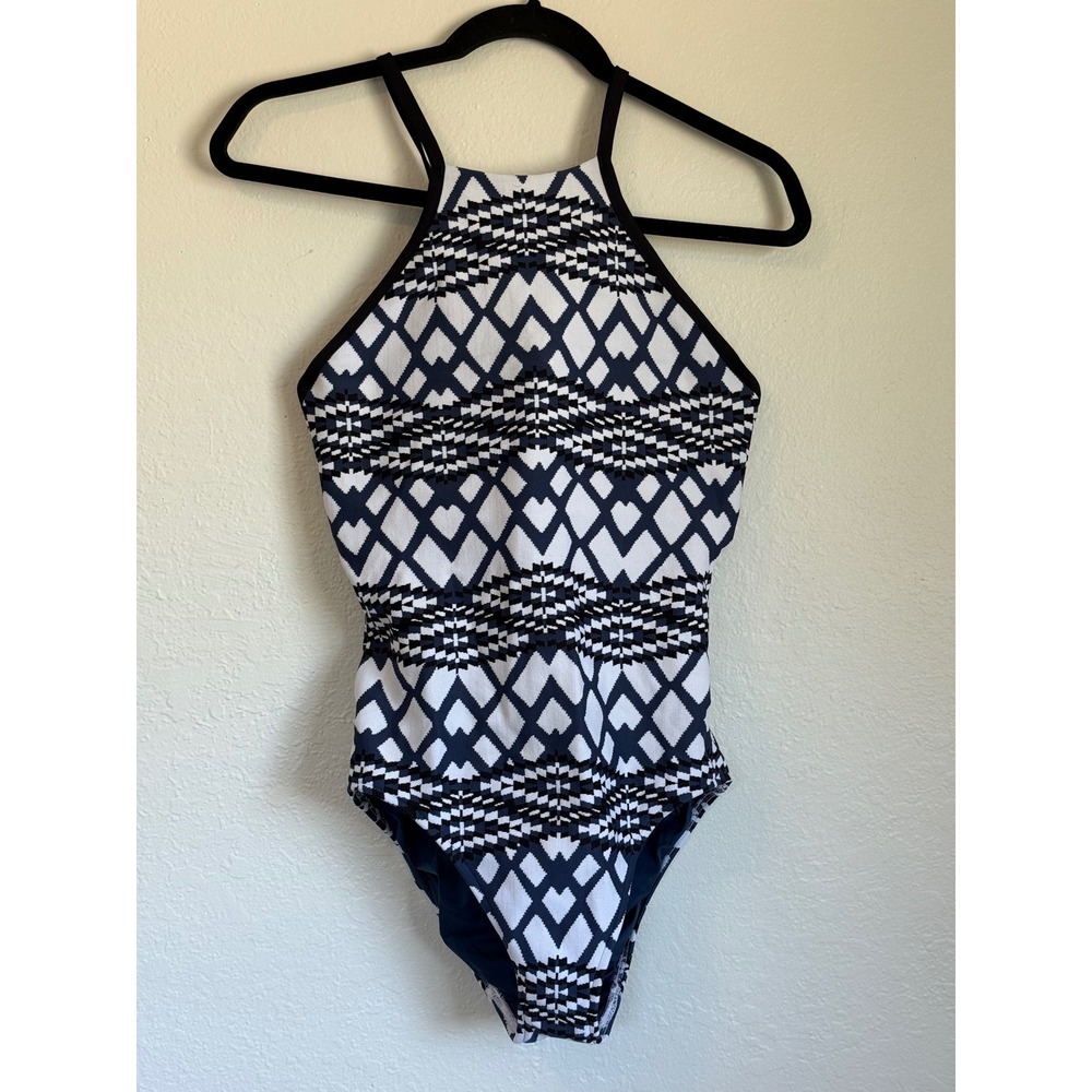 Seafolly Navy White Geometric Diamond High Neck One Piece Swimsuit  US 10
